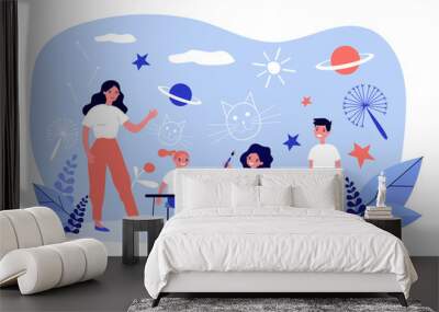 Children art school. Teacher, student, kids using palette and paintbrush flat vector illustration. Painting, drawing, creative development concept for banner, website design or landing web page Wall mural