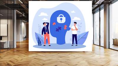 Confused tiny men and big human head with puzzle pieces and lock. Office workers solving problem flat vector illustration. Solution, psychology, strategy concept for banner or landing web page Wall mural