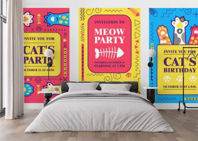 Creative birthday invitation designs with kitty paws. Trendy meow or cat party invitations with text. Domestic animals and pets concept. Template for leaflet, banner or flyer Wall mural