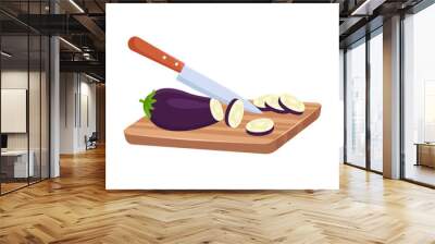 Cut ripe eggplant on board cartoon illustration. Preparing ingredients for salad, making healthy dinner. Food, vegetables concept Wall mural