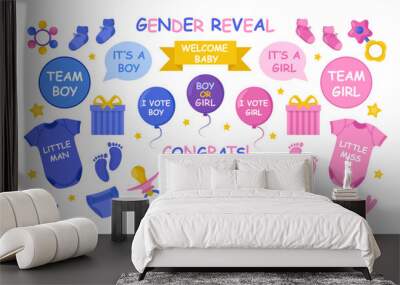 Cute gender reveal party elements vector illustrations set. Pink and blue baby shower elements for photo, card or invitation, rattles for boys and girls on white background. Family, childbirth concept Wall mural