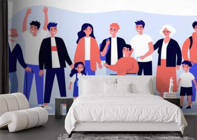 Diverse community members standing together. Crowd of happy men, women of different ages, children and disabled person. Vector illustration for civil society, diversity, togetherness, citizens concept Wall mural