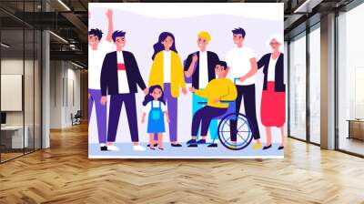 Diverse community members standing together. Crowd of happy men, women of different ages, children and disabled person. Vector illustration for civil society, diversity, togetherness, citizens concept Wall mural