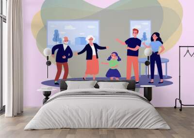 Elderly couple dancing with family at home vector illustration. Drawing of grandmother and grandfather spending time with mother, father and daughter. Senior life, retirement, family, leisure concept Wall mural