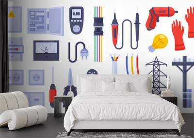 Electrician tools set. Vector illustrations of equipment for electric power control and repair. Cartoon multimeter and voltmeter, cables, wires isolated on white. Hardware, maintenance service concept Wall mural