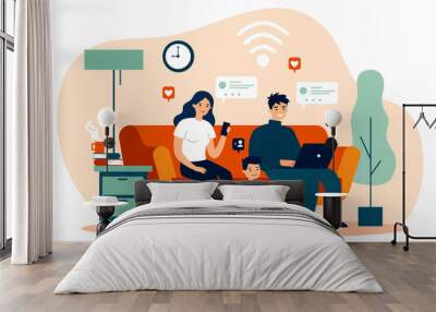 Family suffering from social media addiction. Parent and child sitting together at home and using digital devices. Vector illustration for problem, communication, internet concept Wall mural