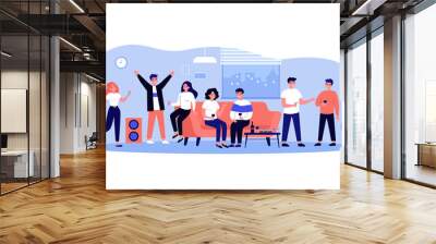 Friends enjoying student party in apartment. Crowd of cheerful young people dancing, chatting, drinking wine and having fun at home. Vector illustration for leisure, celebration, event concept Wall mural