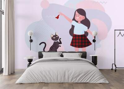 Girl training cat. Happy girl playing with pet flat vector illustration. Animal care, companion concept for banner, website design or landing page Wall mural