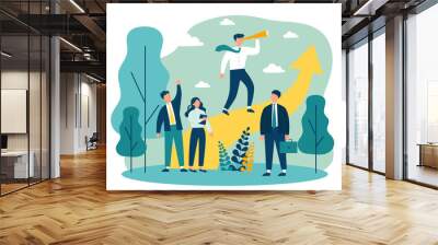 Group leader with spyglass looking far away. Business team standing near increase chart. Vector illustration for leadership, challenge, training, planning concept Wall mural