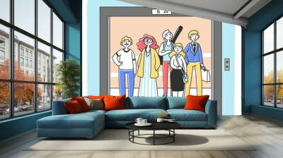 Group of different people standing inside elevator flat illustration. Cartoon characters waiting in lift with open doors. Communication and transportation concept Wall mural