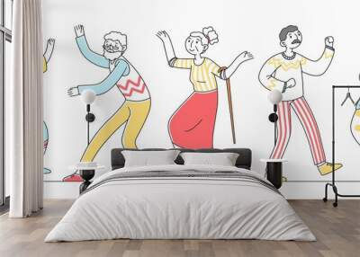 Group of happy old people dancing flat illustration. Cartoon grandfathers and grandmothers enjoying music in club. Entertainment and party concept Wall mural