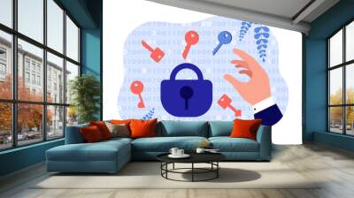 Hand choosing key for fine lock vector illustration. Businessman finding legal ways of working and avoiding penalties. Importance of compliance, law, business concept Wall mural