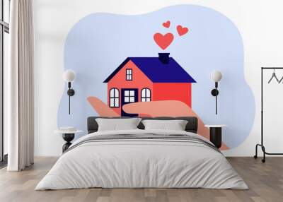 Hand holding tiny house with red comic hearts. Person selling or buying property flat vector illustration. Real estate, mortgage, investment concept for banner, website design or landing web page Wall mural