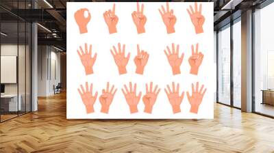 Hands of people counting vector illustrations set. Drawings of cartoon person showing numerals using or bending number of fingers isolated on white background. Gestures, education concept Wall mural