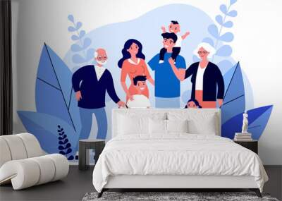 Happy big family standing together flat vector illustration. Grandma, grandpa, mom, dad, children, and pet. Smiling cartoon characters gathering in group. Wall mural