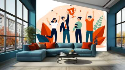 Happy business team winning prize. Winners celebrating achievement and holding trophy cup. Vector illustration for teamwork, award, corporate success concept Wall mural