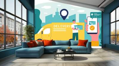 Happy courier delivering package to customer flat vector illustration. Client making order via smartphone app and tracking online. Service, GPS technology and delivery concept. Wall mural