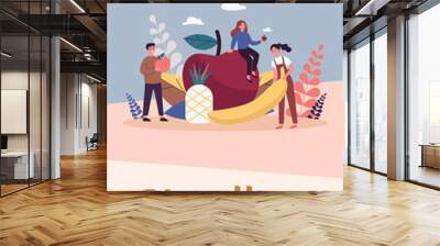 Happy people keeping healthy diet. Men and women holding fruits, apple, pineapple, banana. Vector illustration for fitness, dietitian nutrition, organic food concept Wall mural