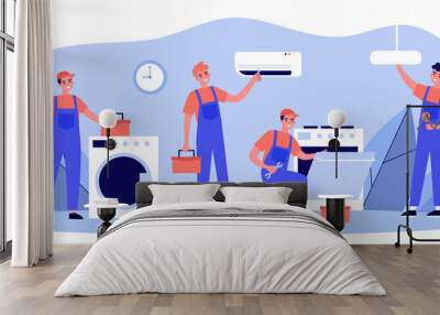 Happy servicemen repairing machines at home flat illustration. Electrician, mechanic or repairer at work. Repair and maintenance concept. Wall mural