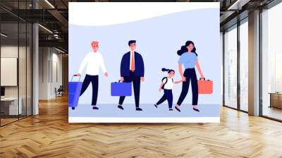 Happy tourists with suitcases walking together flat illustration. Group of people travelling abroad. Family with bags going from airport. Men and women during trip. Tourism and journey concept Wall mural