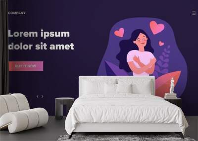 Happy woman hugging herself. Positive lady expressing self love and care. Vector illustration for love yourself, body positive, confidence concept Wall mural