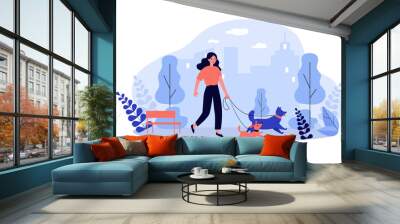 Happy woman walking dogs on leashes in city park. Vector illustration for pets, animal care, activity, leisure, friendship concept Wall mural