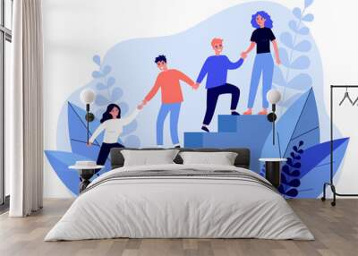 Happy young employees giving support and help each other flat illustration. Business team working together for success and growing. Corporate relations and cooperation concept. Wall mural