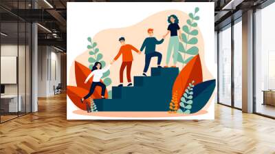 Happy young employees giving support and help each other flat vector illustration. Business team working together for success and growing. Corporate relations and cooperation concept. Wall mural