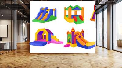 Inflatable colorful castes for kids vector illustrations set. Cartoon drawings of inflated bouncy trampolines with slides, playground or park equipment for jumping. Childhood, entertainment concept Wall mural