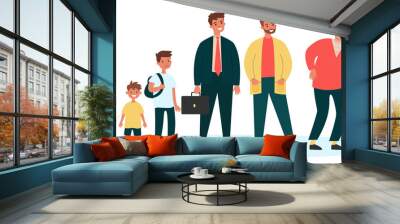 Male cartoon characters of different generation. Man in ages of baby, kid, teenage boy, adult, senior person with cane. illustration for life cycle, growing, development concept Wall mural