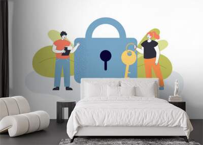 Man and woman holding key flat vector illustration. People picking lock, solving problems. Security, cooperation, opportunity, protection concept for banner, website design or landing web page Wall mural