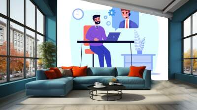 Man talking to web consultant vector illustration. Cartoon virtual assistant advising client via chat messenger app on laptop. Online customer support, artificial intelligence concept Wall mural