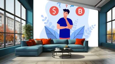 Man thinking about buying bitcoin. Male character standing with question mark and currency symbols flat vector illustration. Bitcoin investment concept for banner, website design or landing web page Wall mural