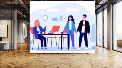 Meeting for tea or coffee break. People gathering at table with cake, pot and cups flat vector illustration. Office work break, employee birthday concept for banner, website design or landing web page Wall mural