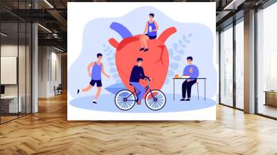 Men people with healthy heart riding bike, drinking water, keeping diet. Health and medicine flat vector illustration. Healthy eating lifestyle, sport concept for poster, website or landing web page Wall mural