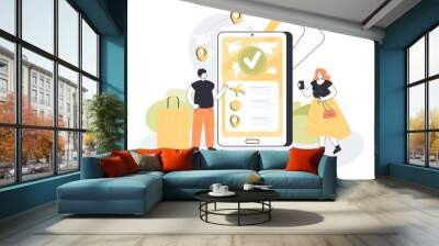 Mini persons booking flight tickets online via huge mobile phone. Process of hotel digital reservation flat vector illustration. Technology, tourism, vacation concept for banner or landing web page Wall mural