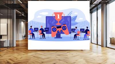 Online gamers playing at pc. People competing in esport tournament for winners cup. Vector illustration for cyber sport competition, virtual online game championship concept Wall mural