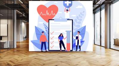 Patients and doctor advertising health insurance. People presenting medical checklist. illustration for healthcare, protection, security, medical service concept Wall mural