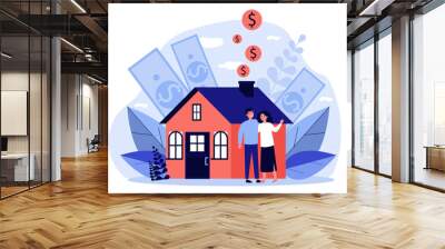 People buying property with bank credit. Savings of young couple falling into house chimney. illustration for mortgage, ownership, rent, investment concept Wall mural