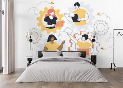 People working in dedicated team of strong professionals. Joint efforts, effective teamwork of characters inside gears flat vector illustration. IT business model, workflow optimization concept Wall mural