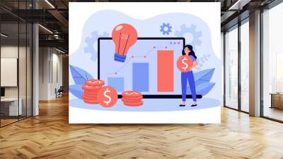 Positive tiny woman investing in startups online via laptop isolated flat vector illustration. Cartoon character trading on global market. Finance service and digital technology concept Wall mural