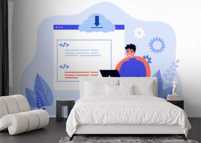 Programmer or developer with laptop creating app or website. System update, coding or programming flat vector illustration. Technology, software development concept for banner or landing web page Wall mural