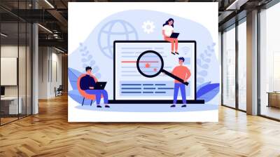 Programmers testing applications. Developers using laptops and fixing bugs with magnifying glass. Can be used for quality assurance software, programming, coding, app development, service concept Wall mural