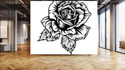 Retro black tattoo rose. Vintage art element on white background. Flat vector illustration. Tattoo studio and design elements concept Wall mural