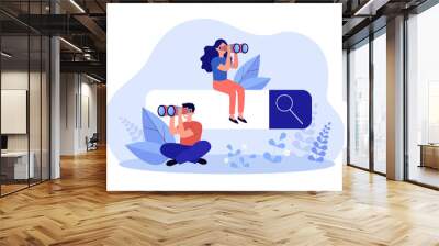 Search engine with tiny people looking through binoculars. Man and woman doing research flat vector illustration. Search, information, internet, technology concept for banner or landing web page Wall mural