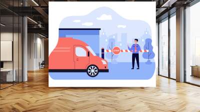 Security guard standing in front of toll booth flat vector illustration. Cartoon man protecting gate and checking van. Inspection station and parking admission concept Wall mural