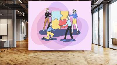 Team connecting puzzle parts. People building jigsaw solution together. Vector illustration for business community, merger, teamwork, thinking, collaboration concept Wall mural