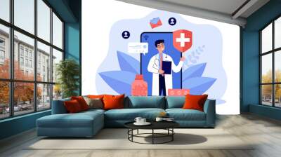 Telehealth mobile app with doctor on phone screen. Online advices of man with stethoscope flat vector illustration. Telemedicine, healthcare concept for banner, website design or landing web page Wall mural