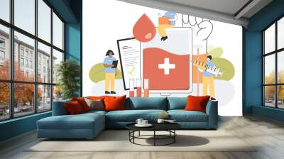 Tiny cartoon nurses with patient card and blood from donor. Blood transfusion for emergency, medical campaign or news flat vector illustration. Health, medicine concept for banner or landing web page Wall mural