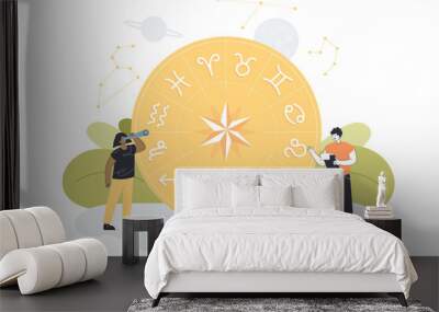 Tiny people, set of zodiac signs and star constellations with planets in sky. Male and female characters casting horoscope learning from nature flat vector illustration. Astronomy concept Wall mural